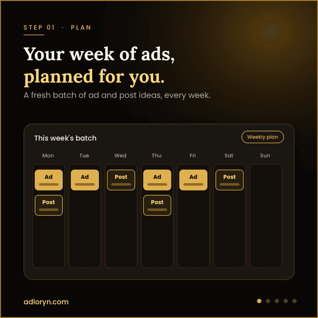 Step 1, Plan: a weekly calendar of planned ads and posts