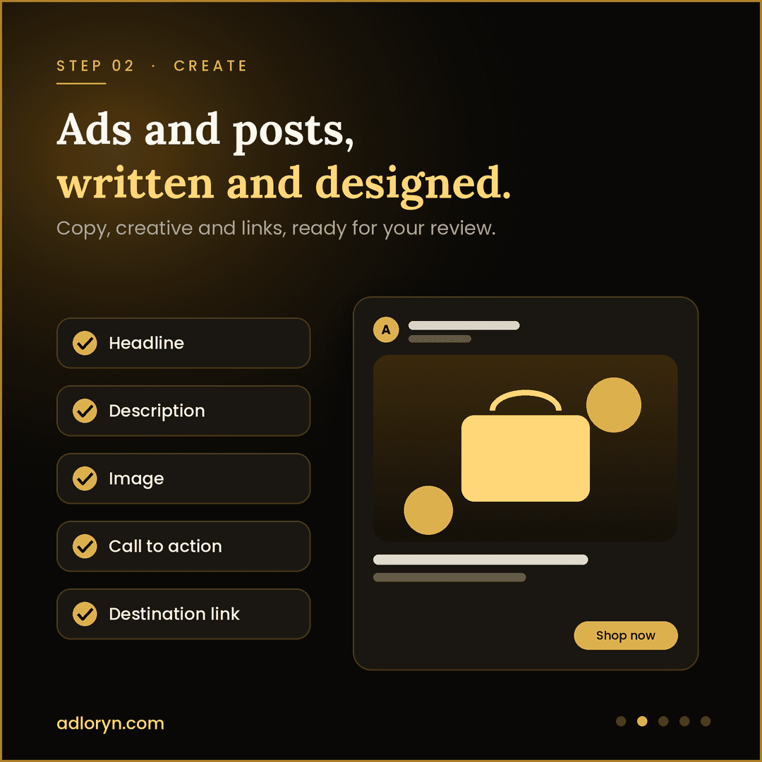 Step 2, Create: an ad with headline, description, image, call to action and link