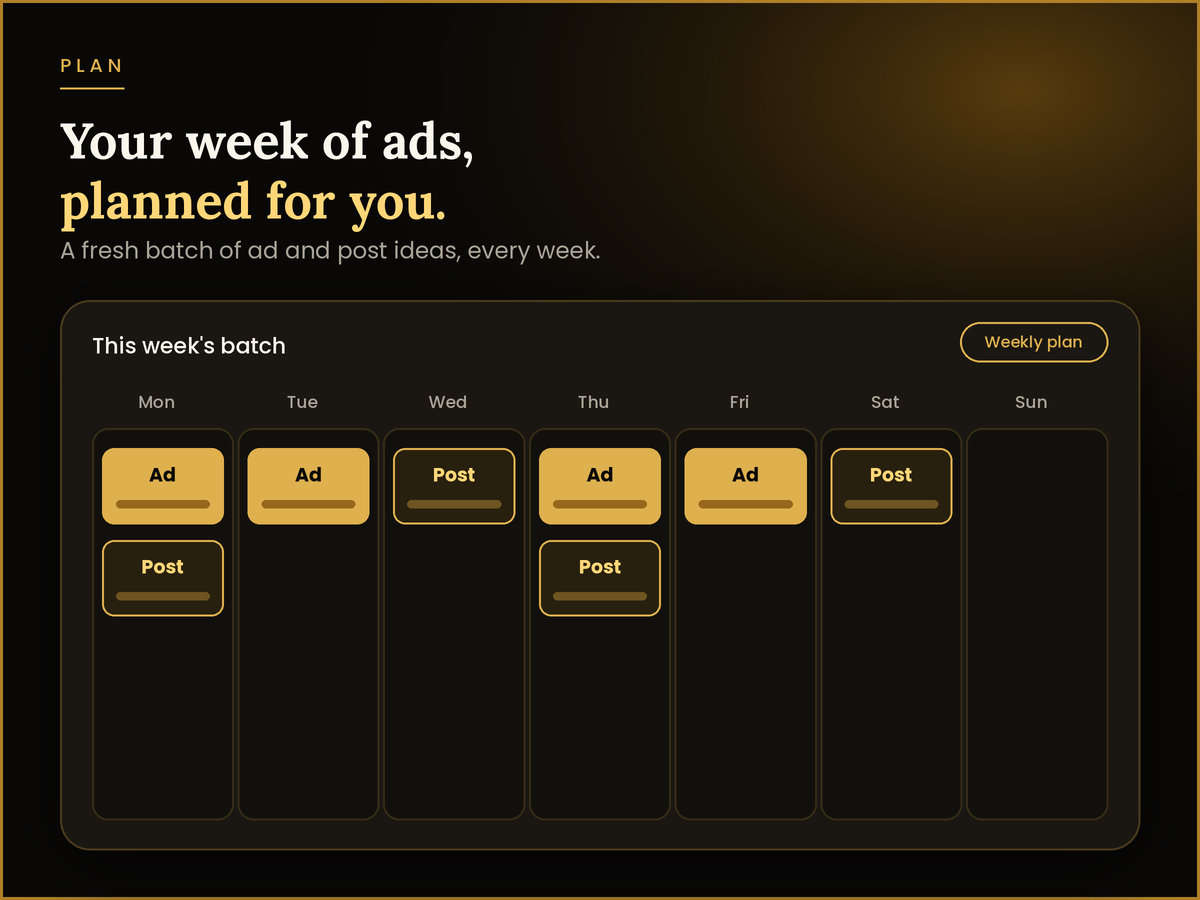 Weekly calendar showing a batch of ads and posts planned across the week