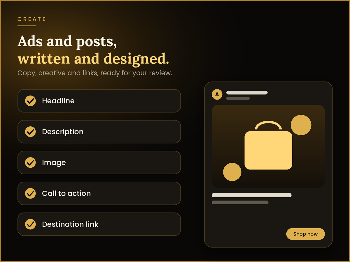 A generated ad next to a checklist: headline, description, image, call to action and destination link