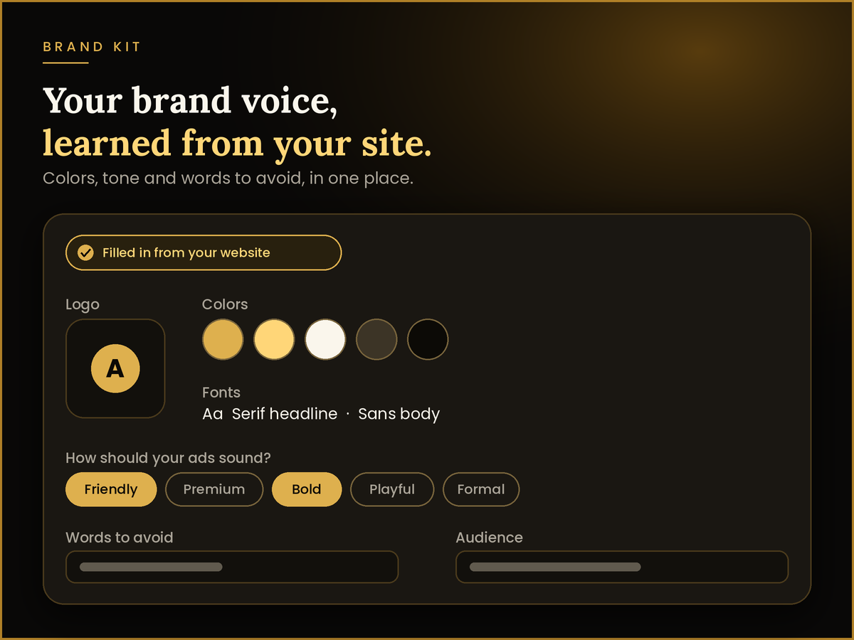 Brand kit with logo, colors, fonts and tone chips filled in from a website