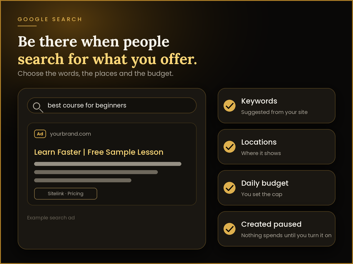 Example Google search ad with keyword, location, budget and paused-until-you-turn-it-on settings