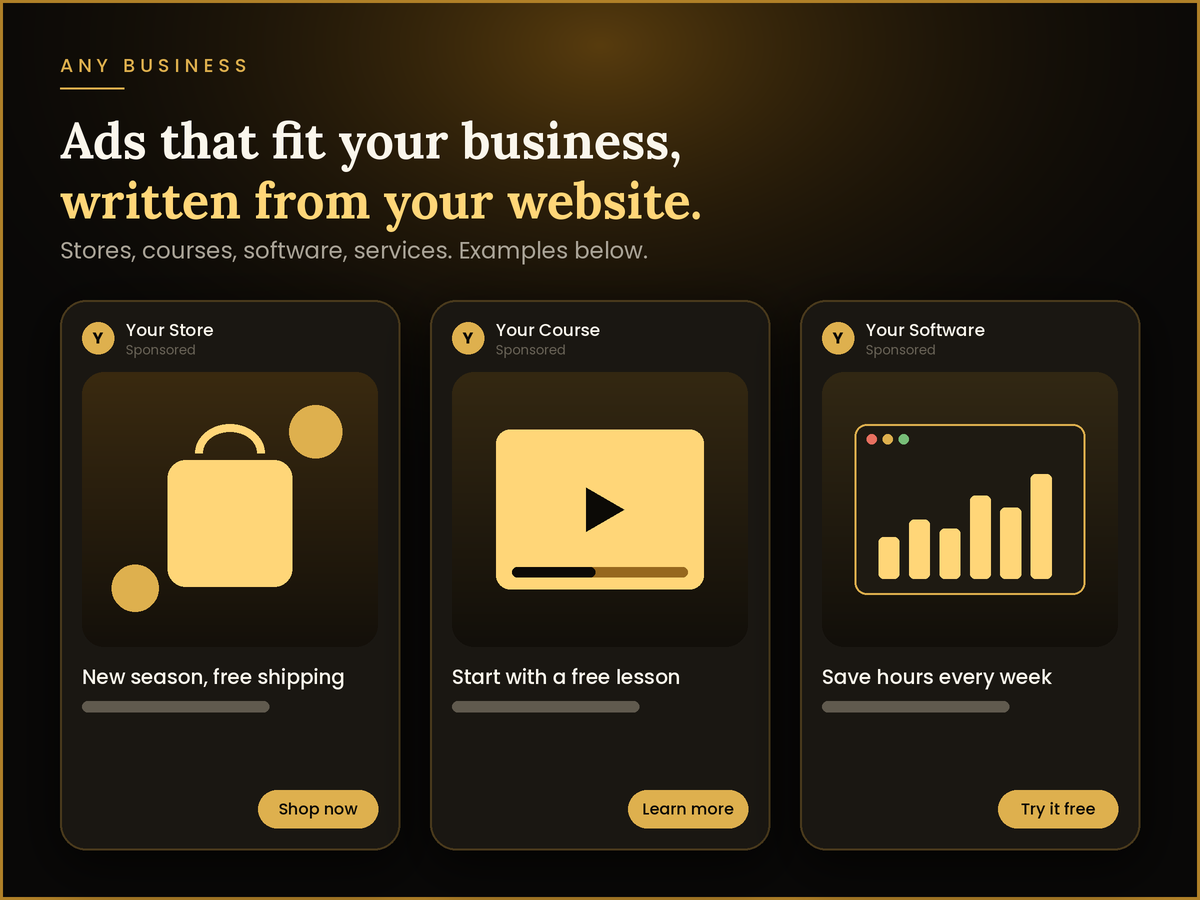 Three example ads for a store, a course and a software product